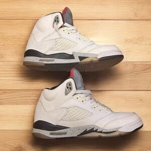 Air Jordan Retro 5 Cement Sneakers White and Gray with Red Accents